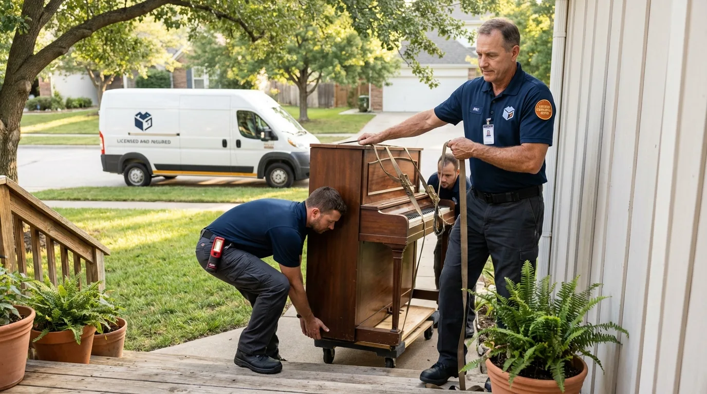 Licensed piano movers securing grand piano in Brunswick, GA