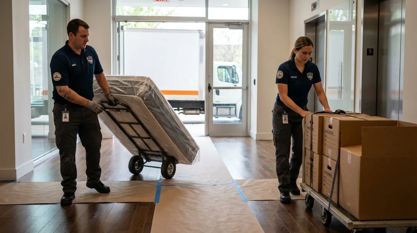 Professional apartment movers loading elevator in Brunswick, GA